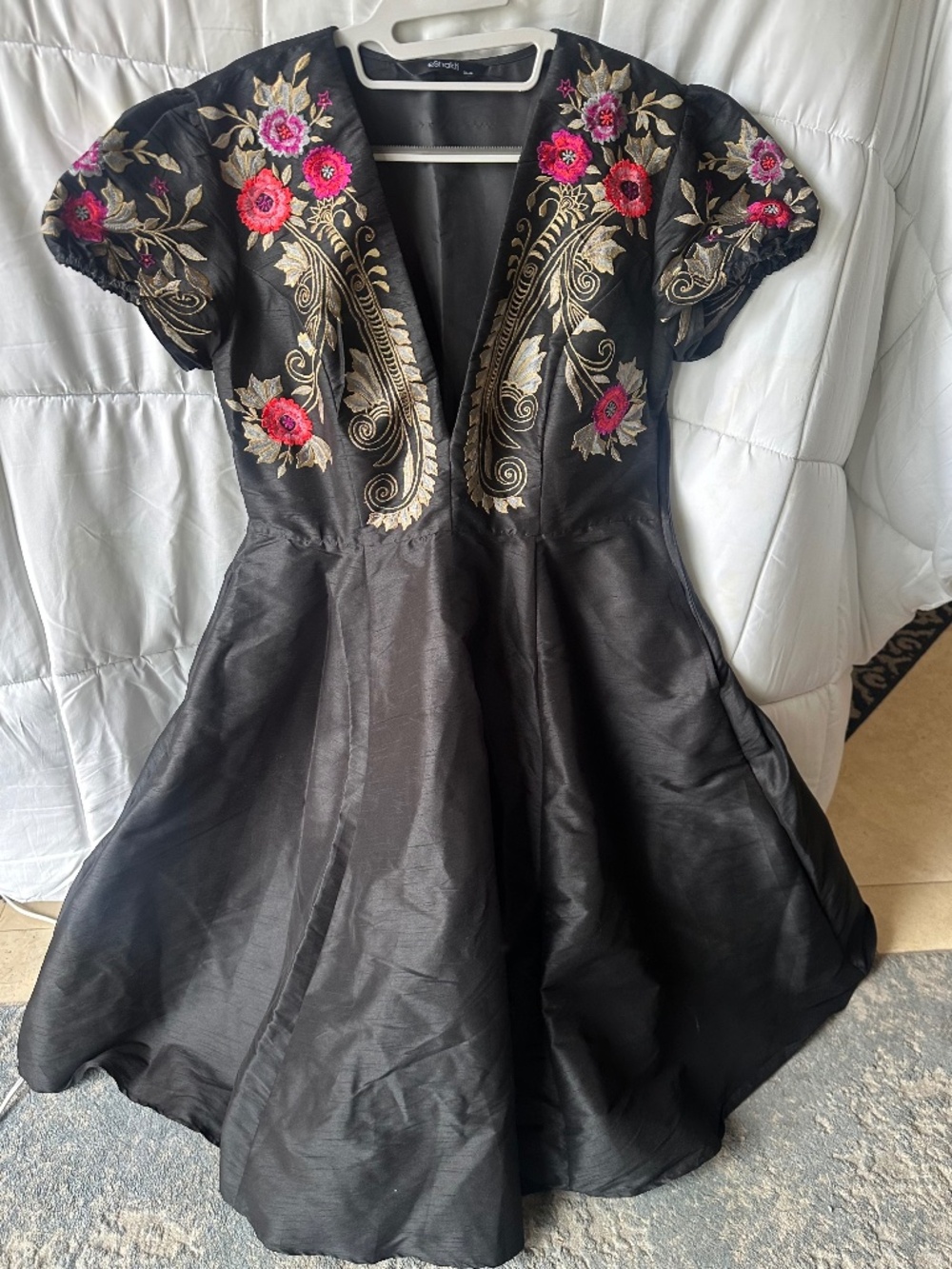 eShakti Black Embroidered Fit & Flare Dress XL / Size 16 Floral Metallic Gold